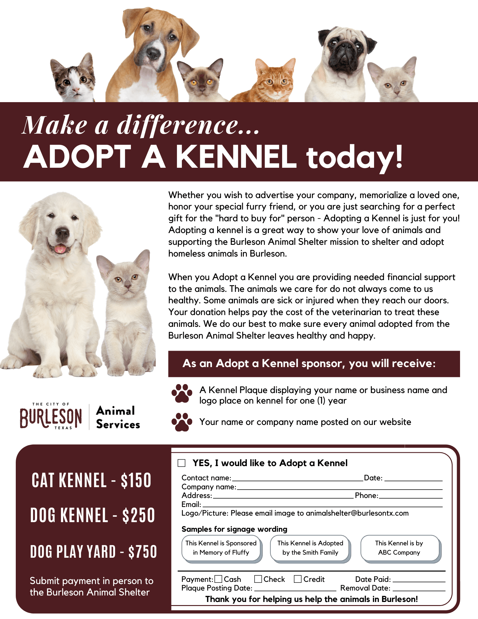 Adopt a Kennel sponsor flyer