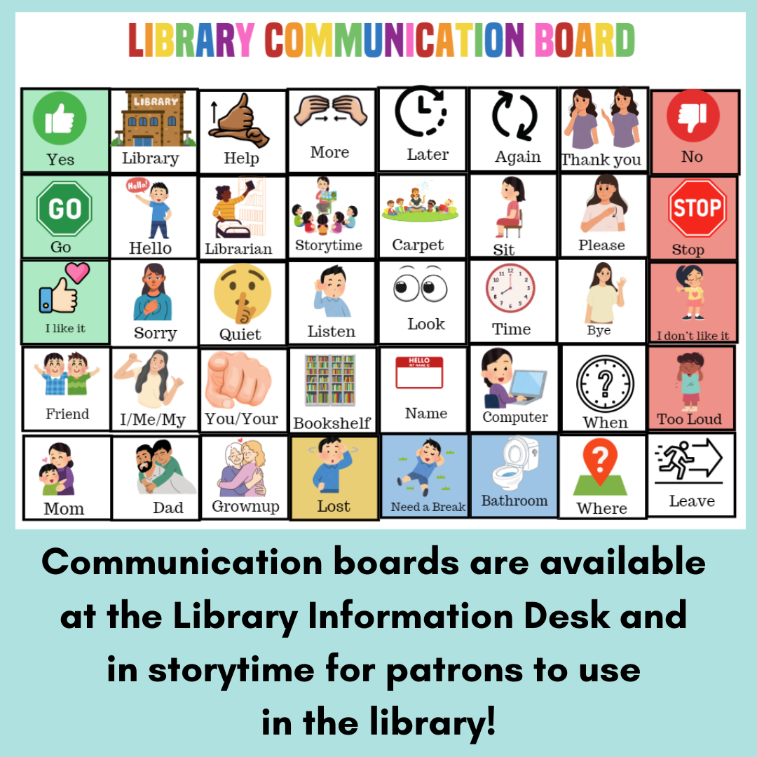 Image advertising that Communication Boards are available to us at the library