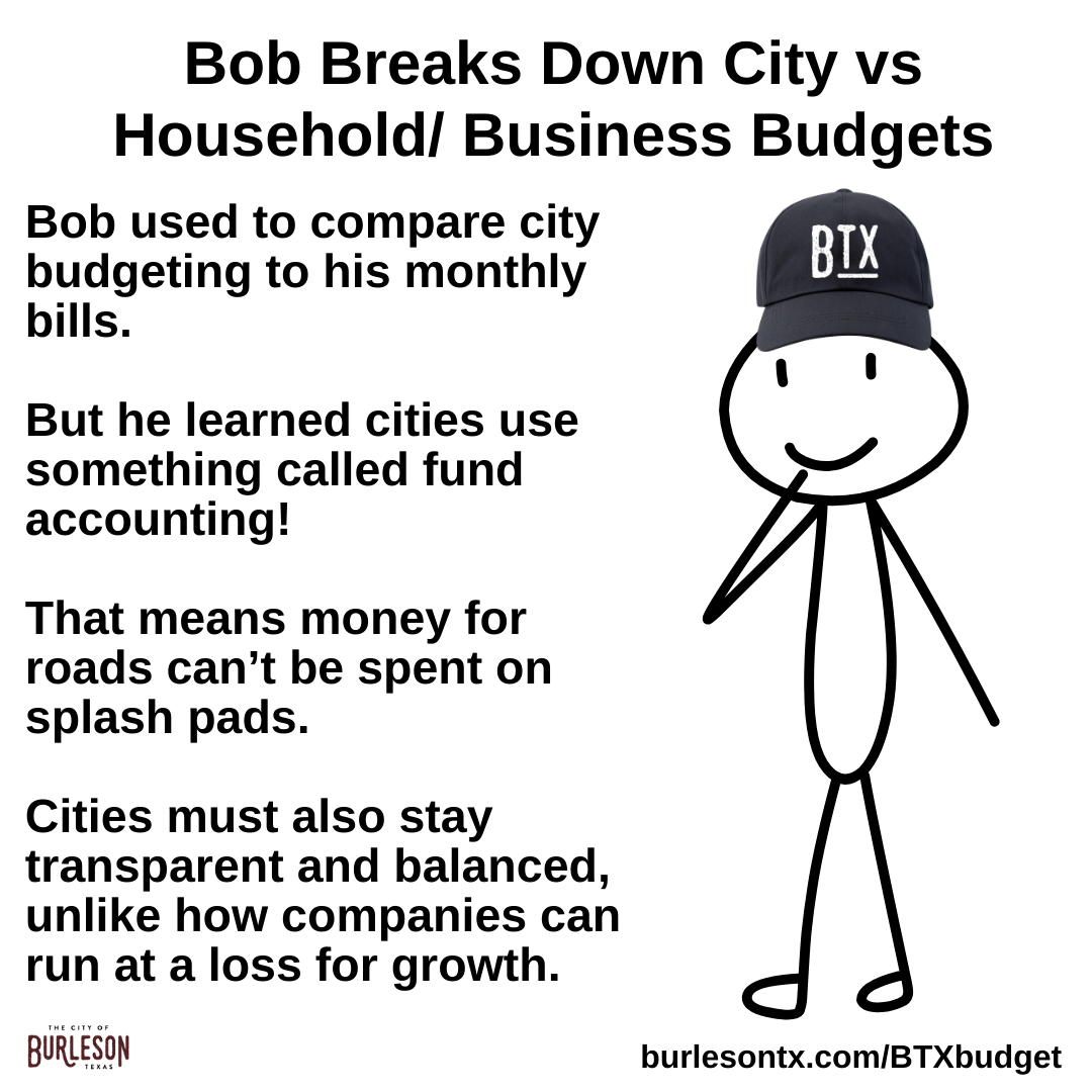 an image of a stick figure with text that explains how the city budget is different than any other 