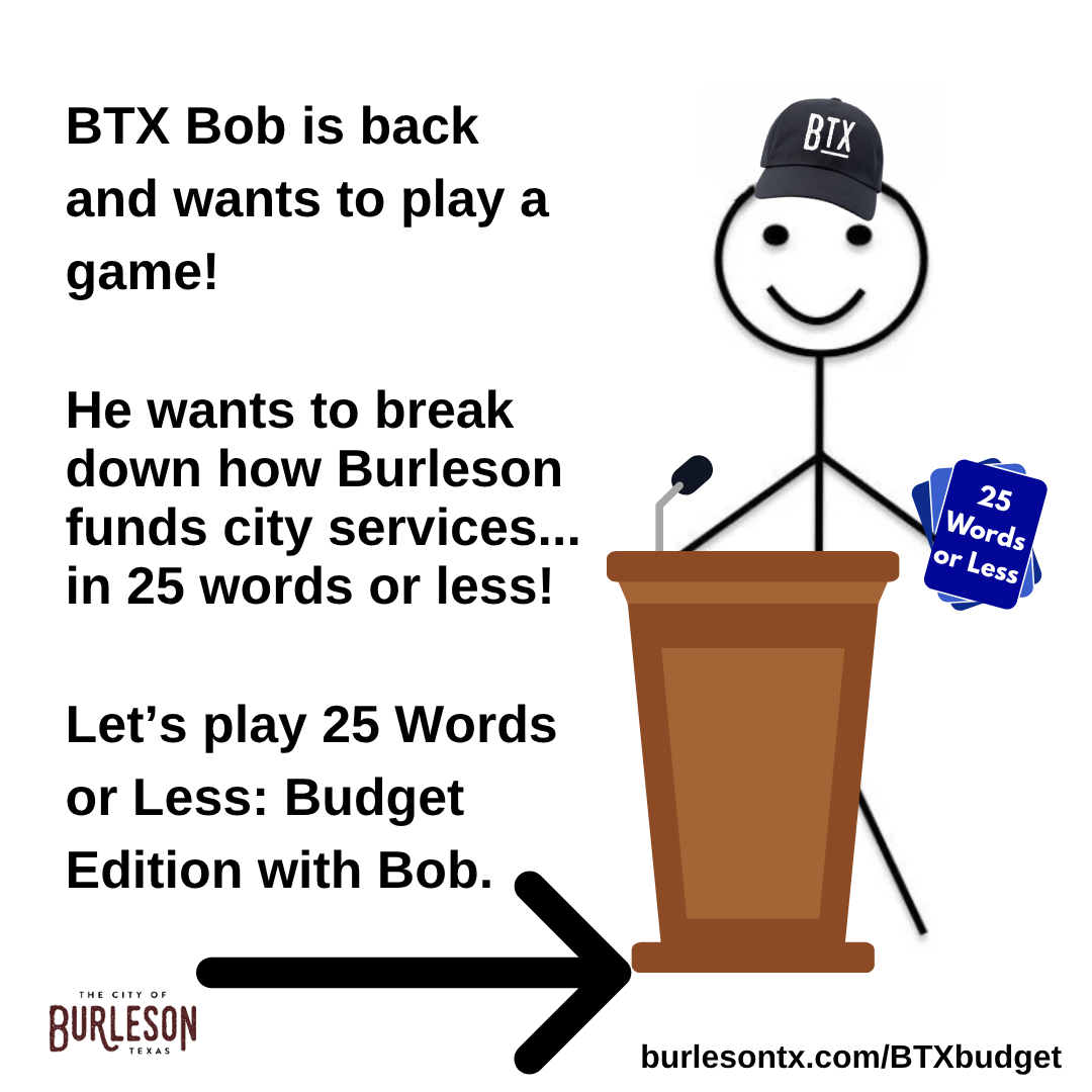a graphic with a stick figure that states we will highlight how Burleson funds city services in 25 w
