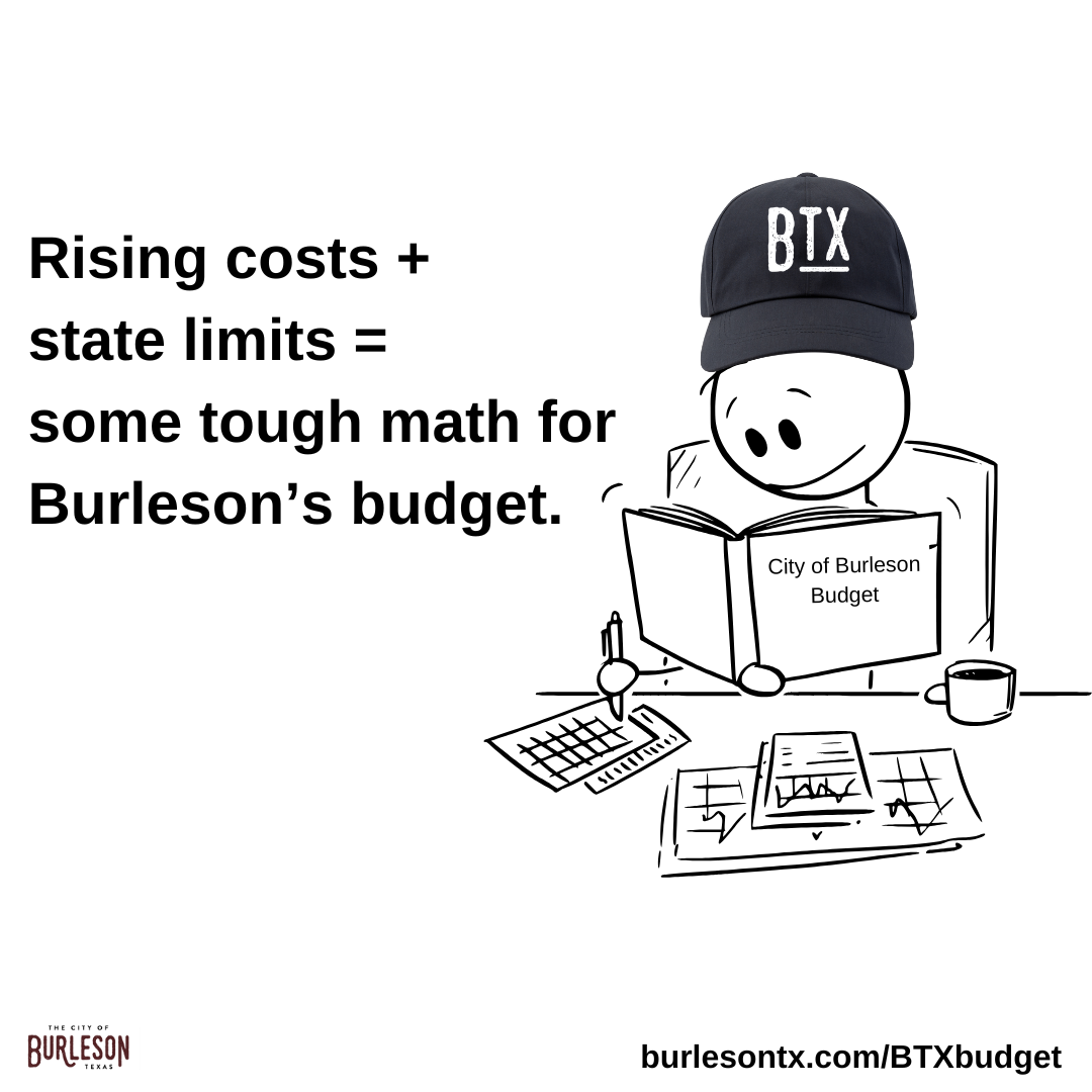 a graphic with text that reads Rising costs plus  state limits equals  some tough math for Burleson’
