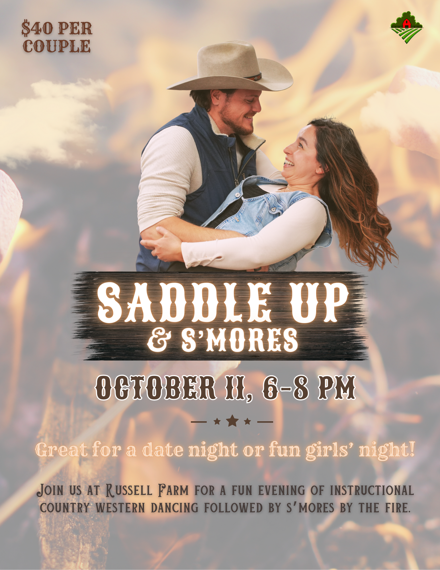 Flyer promoting the Saddle Up and S'mores Event at Russell Farm