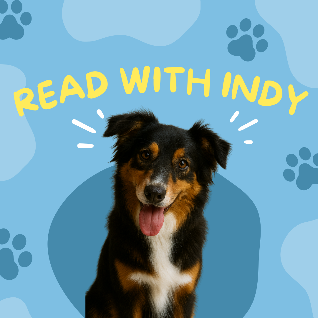 Graphic for Read with Indy on Saturday, December 13, or Monday, December 15