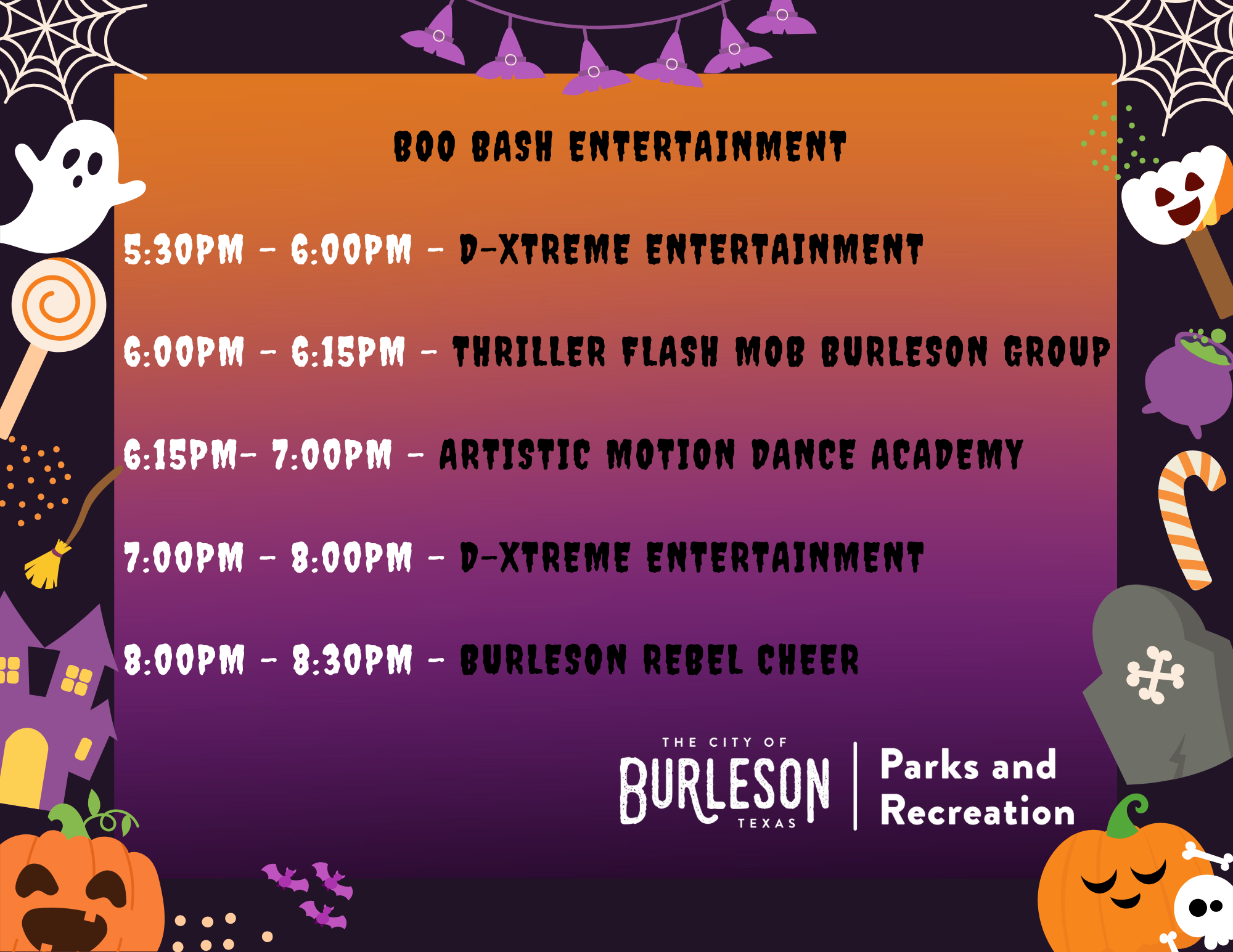 Flyer advertising Boo Bash 2025 Performers for October 25 at 5:30 p.m.