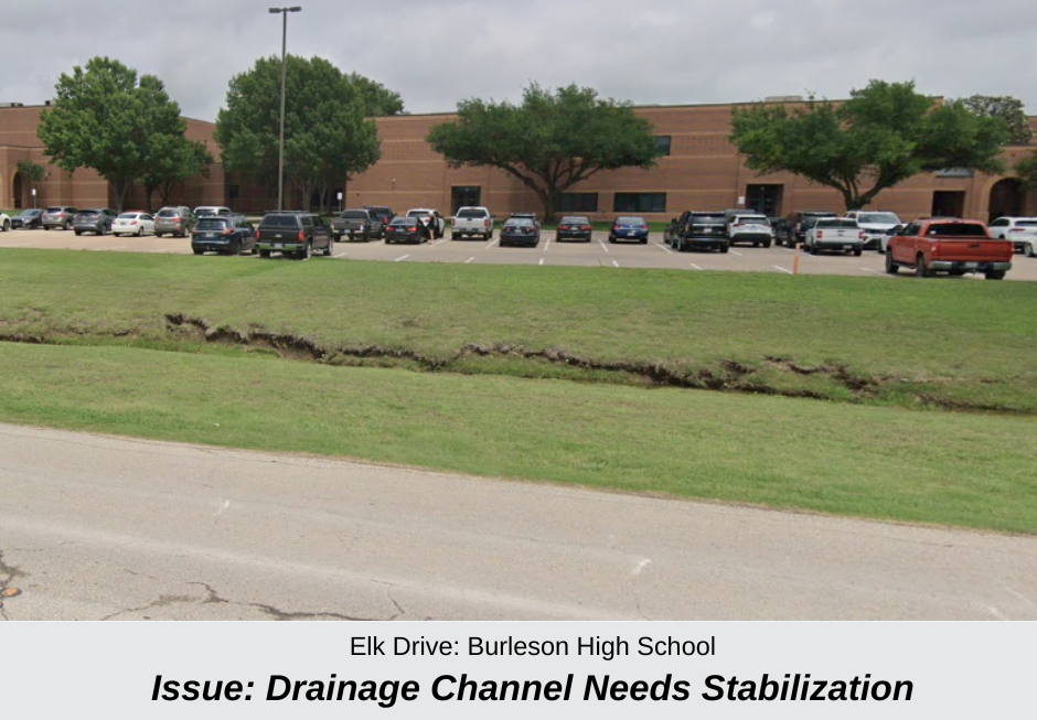 a photo of a drainage channel that needs stabilization near Burleson High School