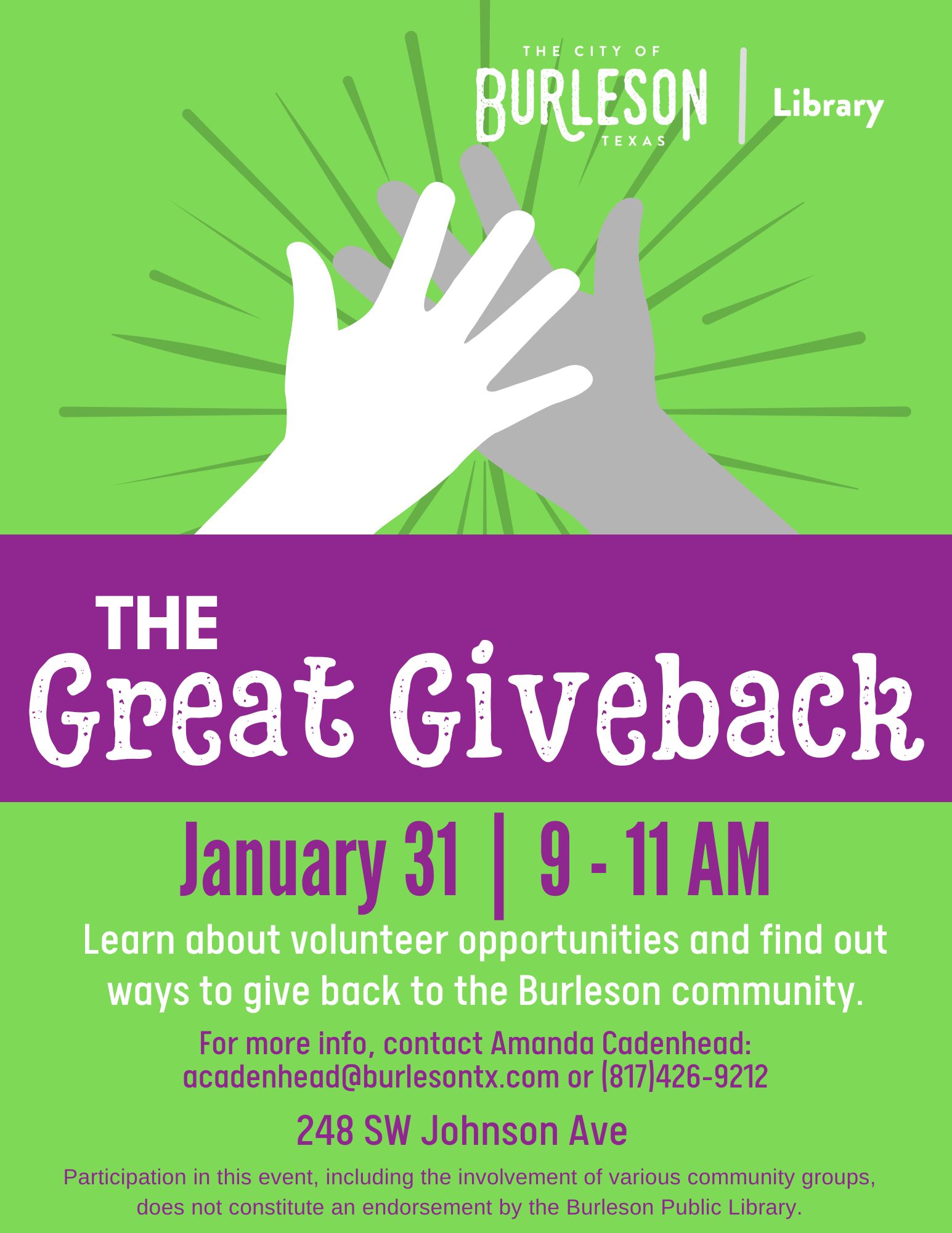 Flyer promoting The Great Giveback on January 31 at 9 a.m.