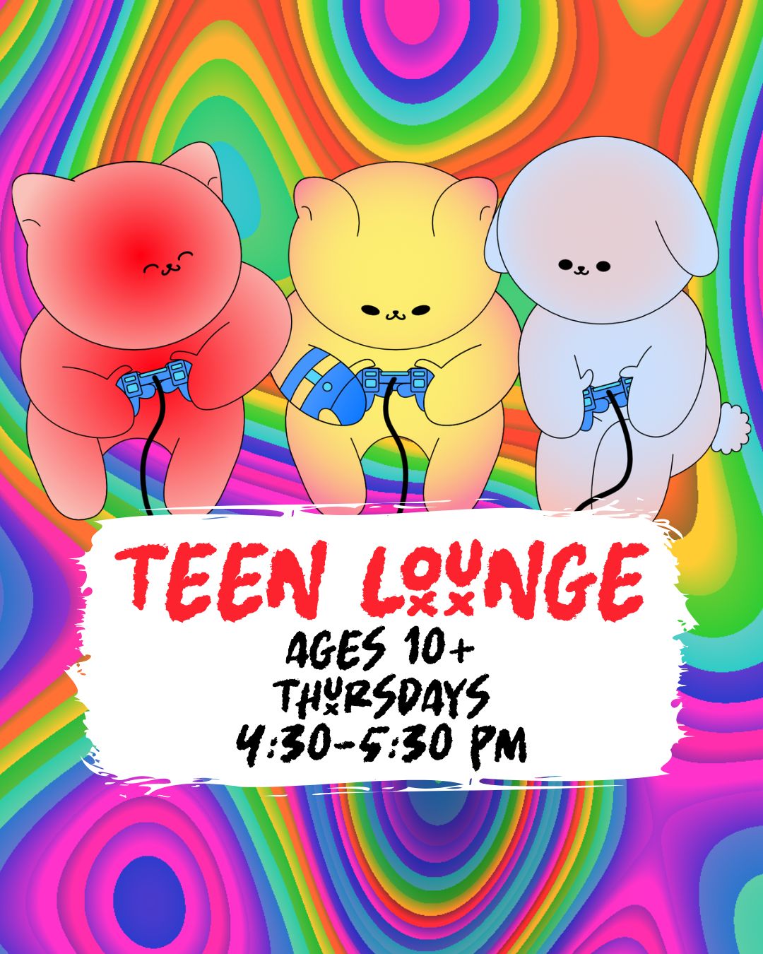Teen Lounge flyer for event happening every Thursday at 4:30 p.m. at the Burleson Public Library.