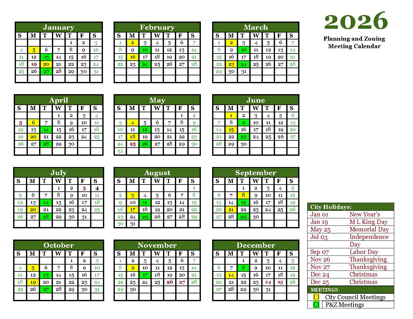 2026 PZ Meeting Calendar