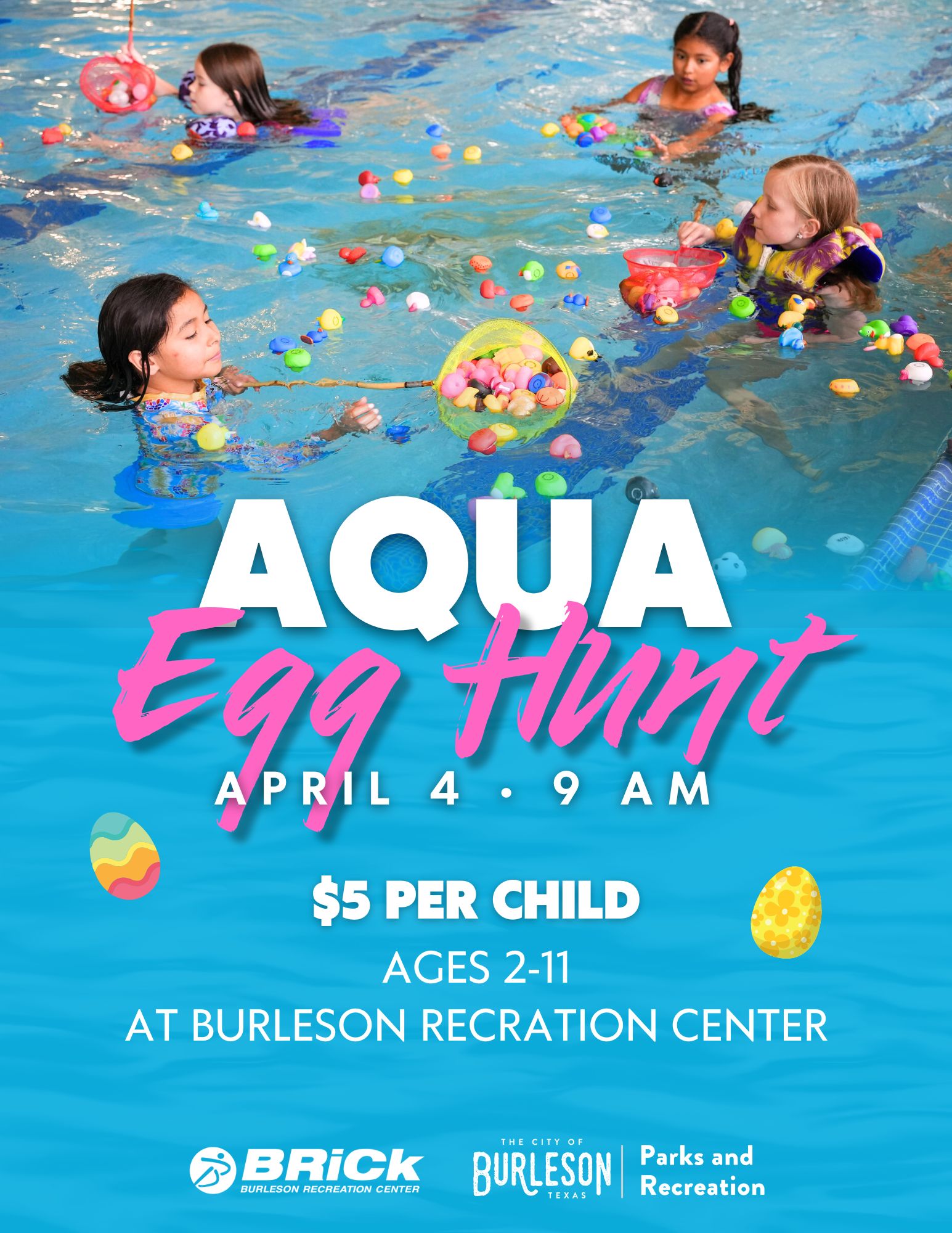 Flyer advertising Aqua Egg Hunt on April 4 at 9 a.m.