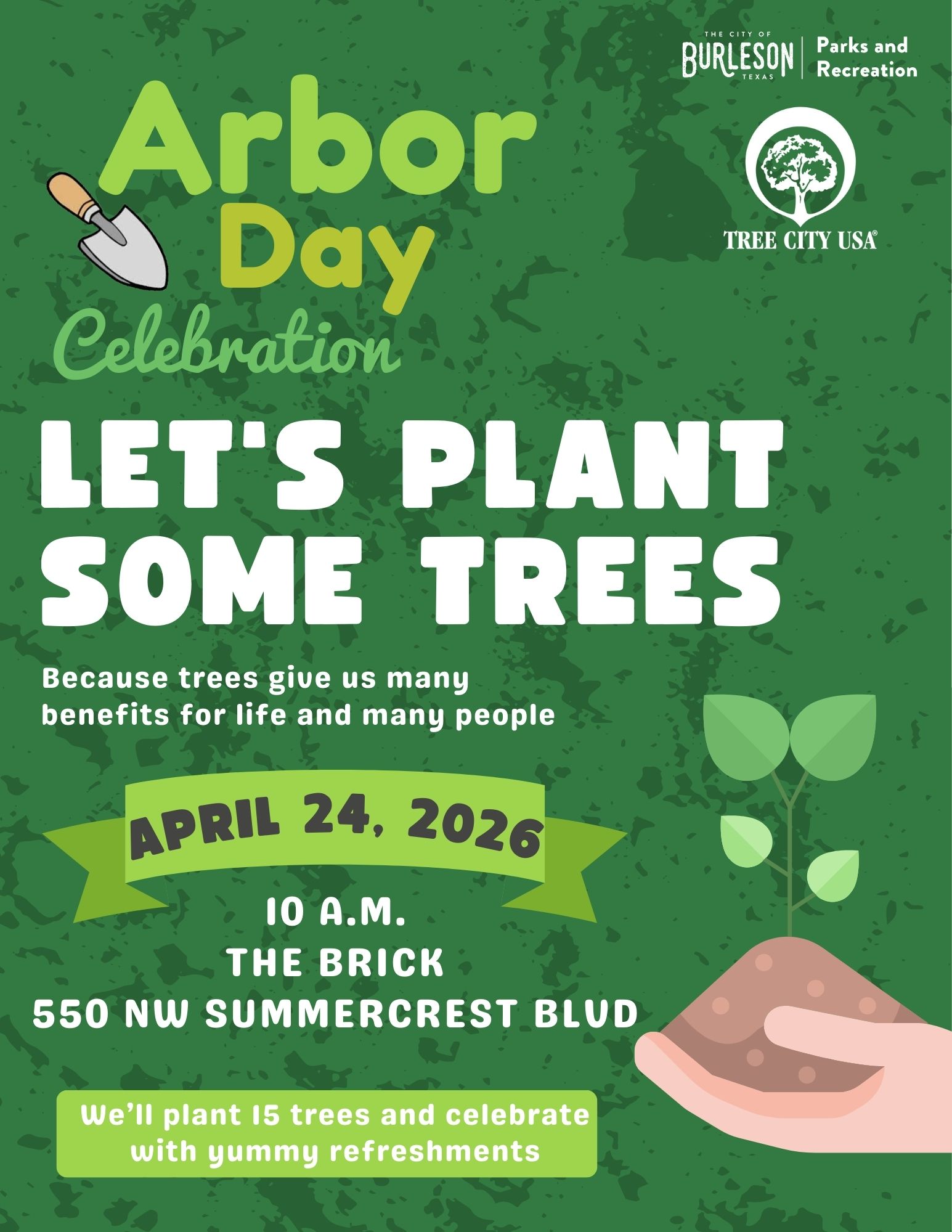 Flyer advertising Arbor Day event on April 24 starting at 10 a.m.