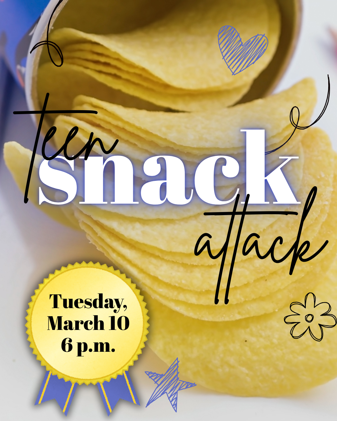 Snack Attack flyer for event on March 10 at 6 p.m. at the Burleson Public Library