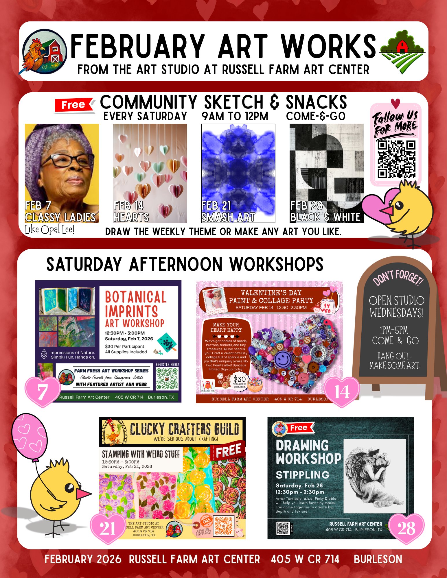 Flyer advertising art events for Russell Farm for February 2026