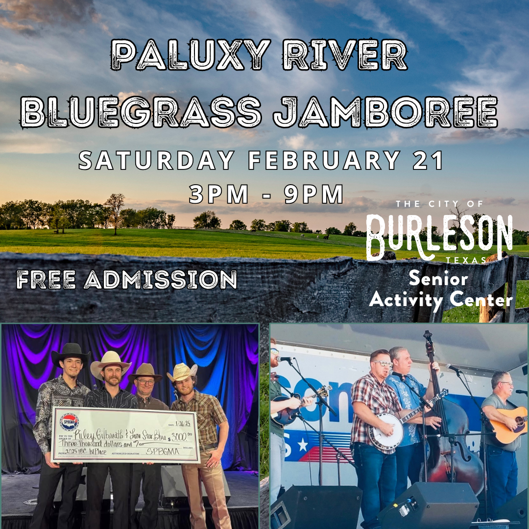 Flyer advertising the Paluxy River Bluegrass Jamboree on February 21 starting at 3 p.m.