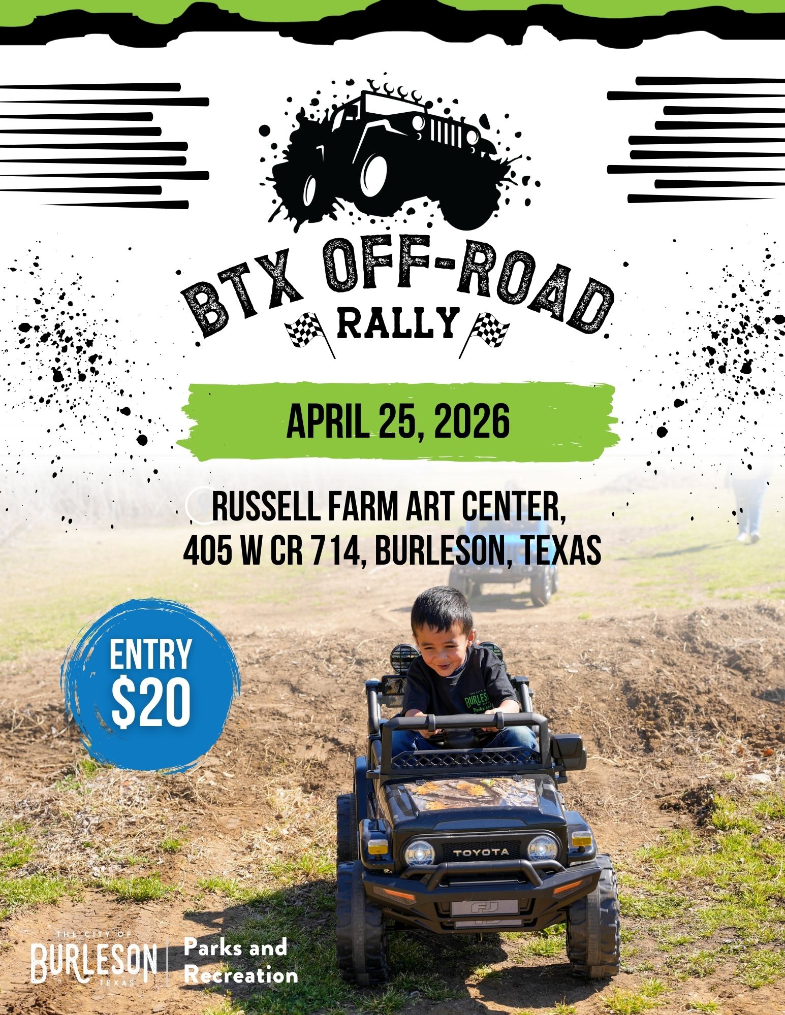 Flyer advertising BTX Off Road Rally on April 25 starting at 10:30 a.m.