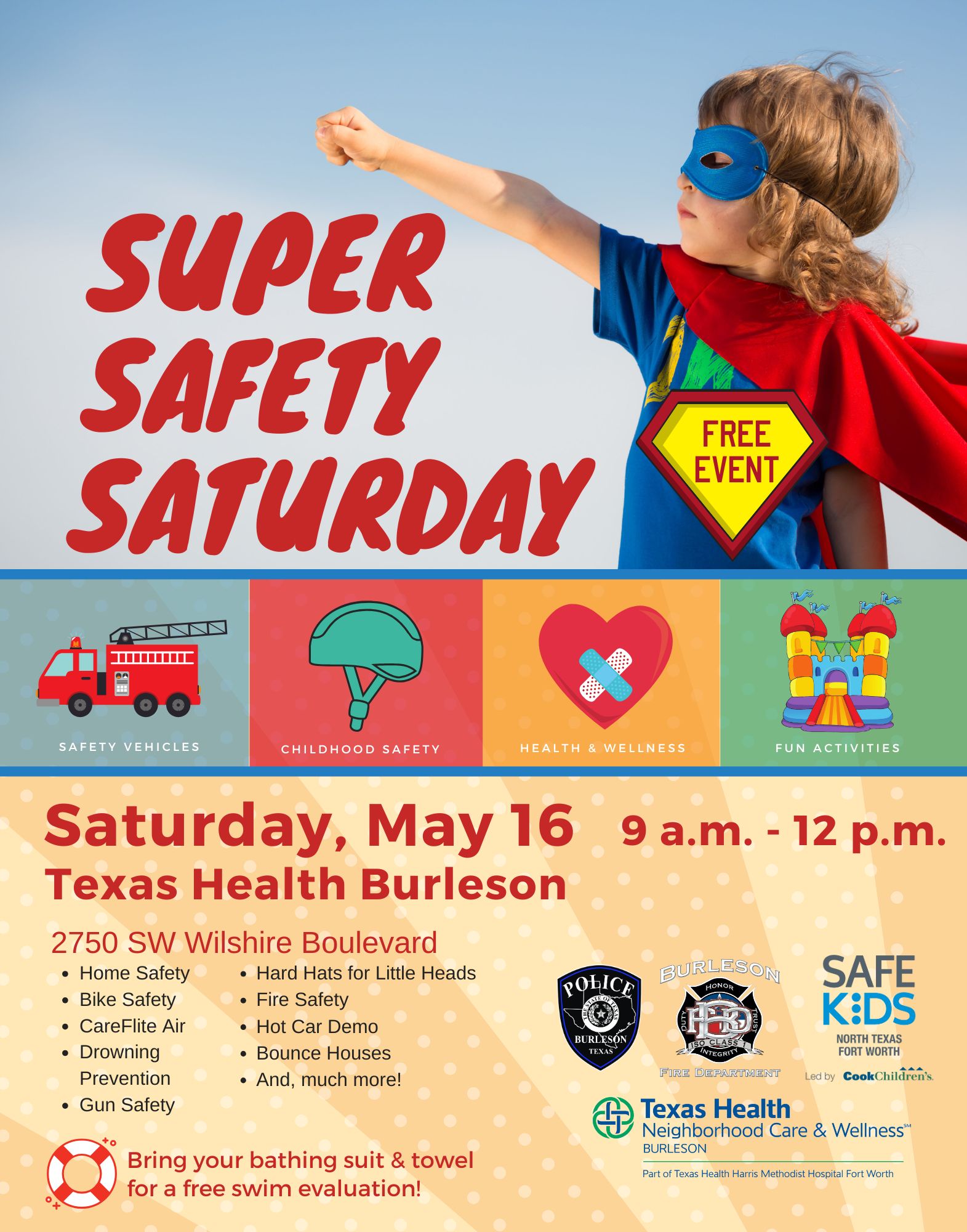 Flyer advertising Super Safety Saturday on May 16 starting at 9 a.m.