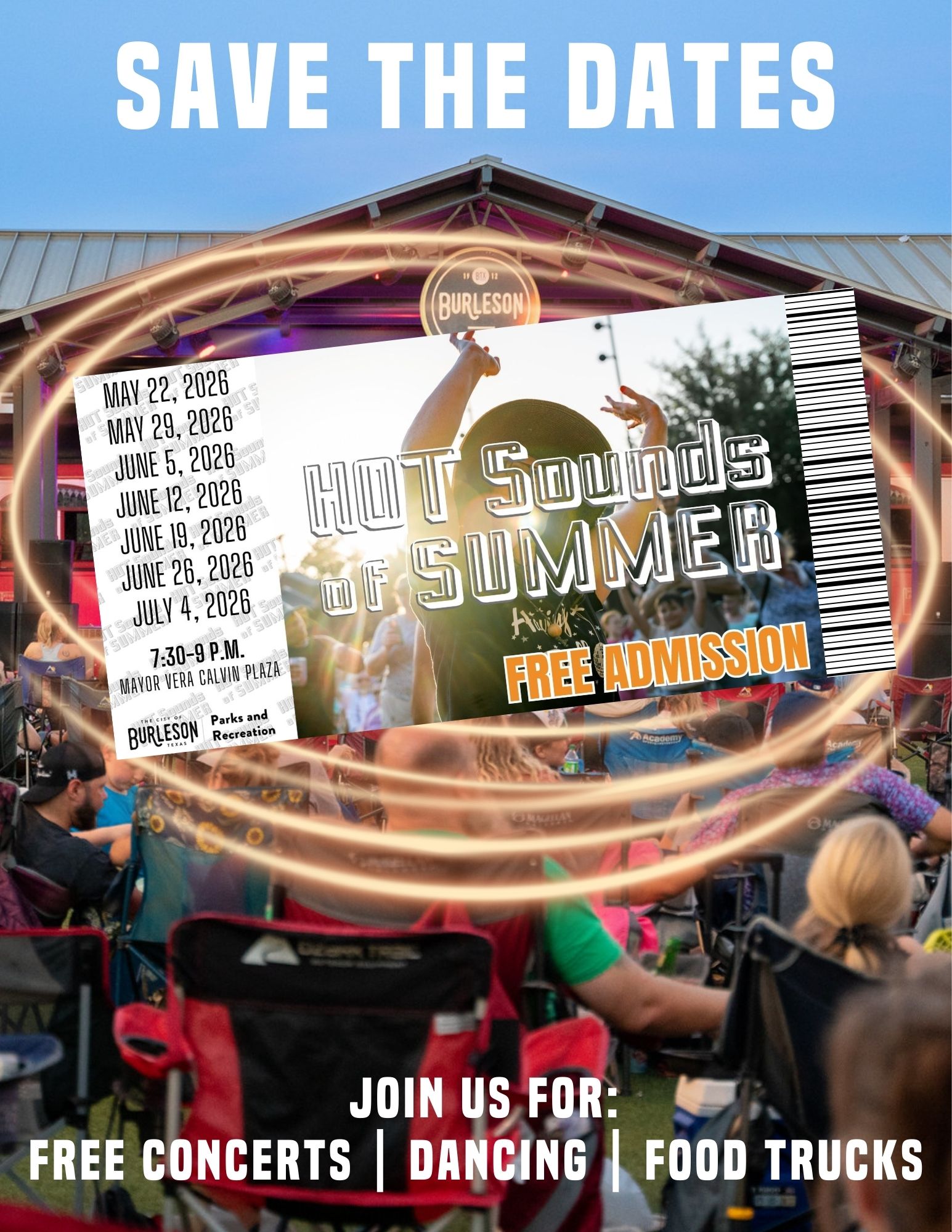 Flyer advertising Hot Sounds of Summer beginning May 22, 2026 at 7:30 p.m.