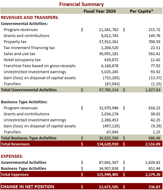 2024 Financial Summary Table