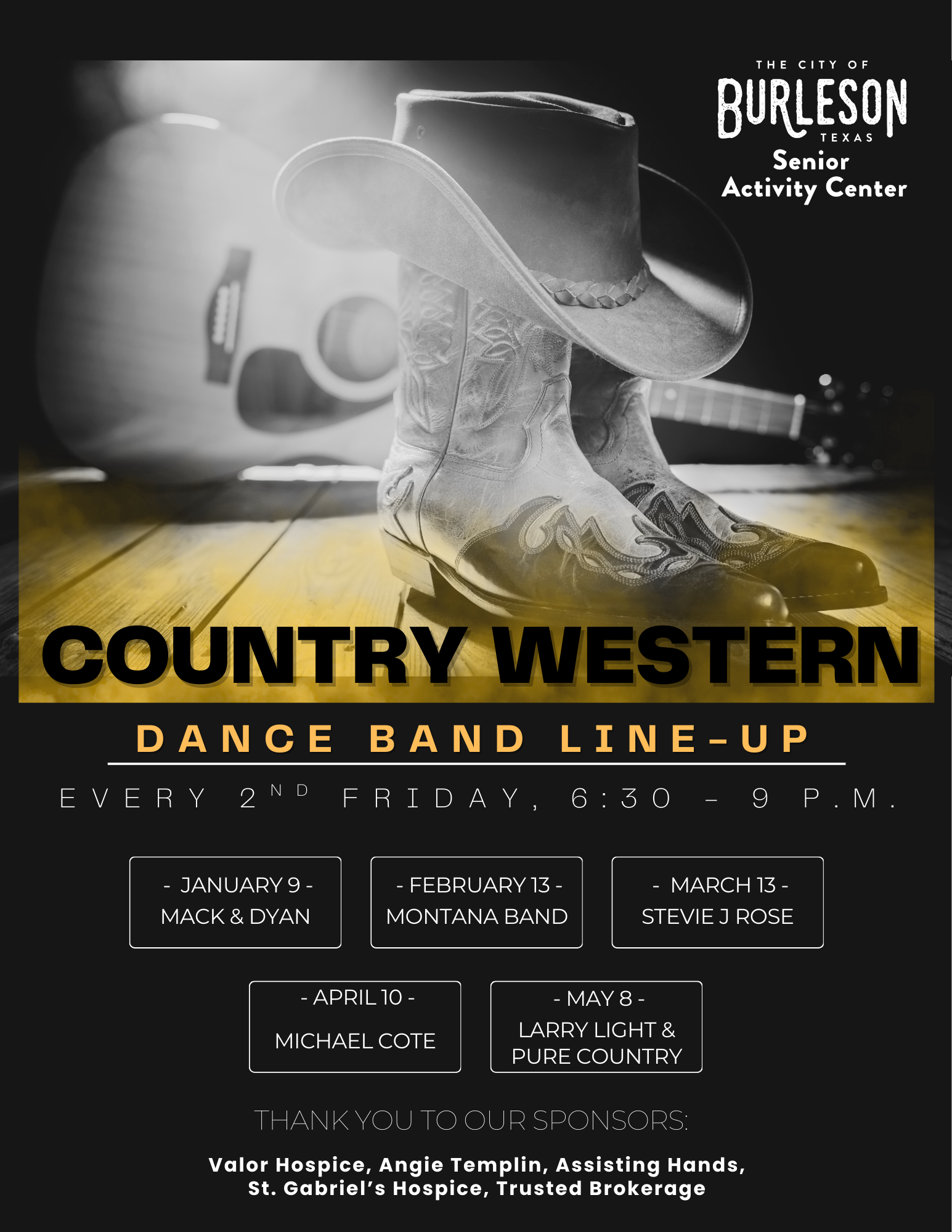 Flyer advertising concert line up for 2nd Friday Country Western Dance at the Senior Center